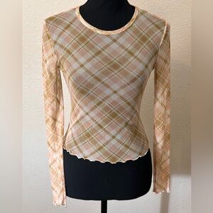 Altar'd State: Pink Plaid Mesh Long Sleeve Top. Size Small